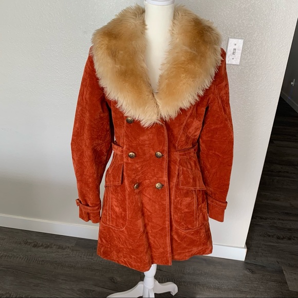 Jackets & Blazers - Vintage faux fur orange velvet trench coat